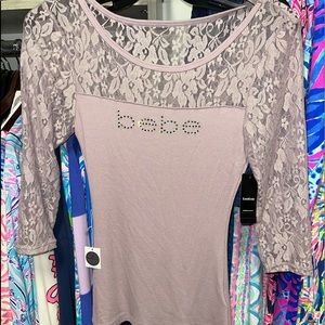 Bebe purple lace rhinestone logo top NWT